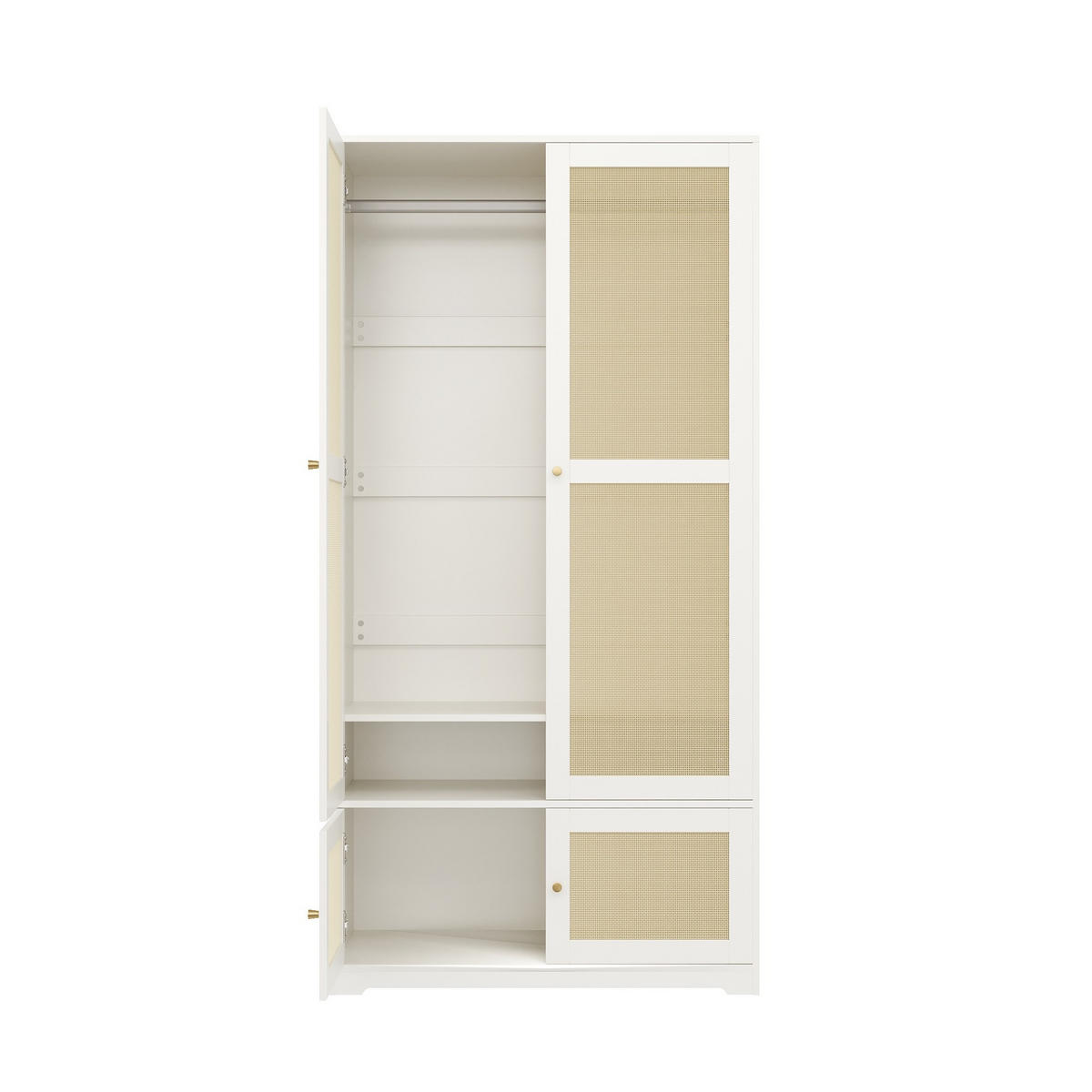 KLEIDERSCHRANK aus MDF 90x48x180 cm Weiß mit Rattantüren, Kleiderstange und Einlegeböden - Weiß, Holzwerkstoff (90/180/48cm) - Modfu