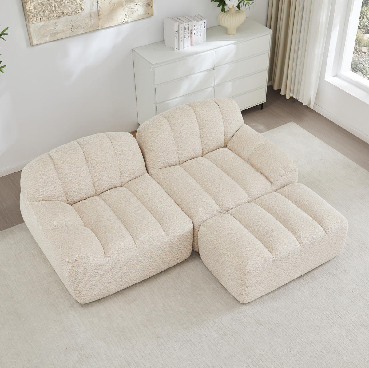 SOFA 210/165/79 cm in Beige-Weiß mit Ottoman und ohne Montage - Beige, Textil (165/79/210cm) - Flora Grace
