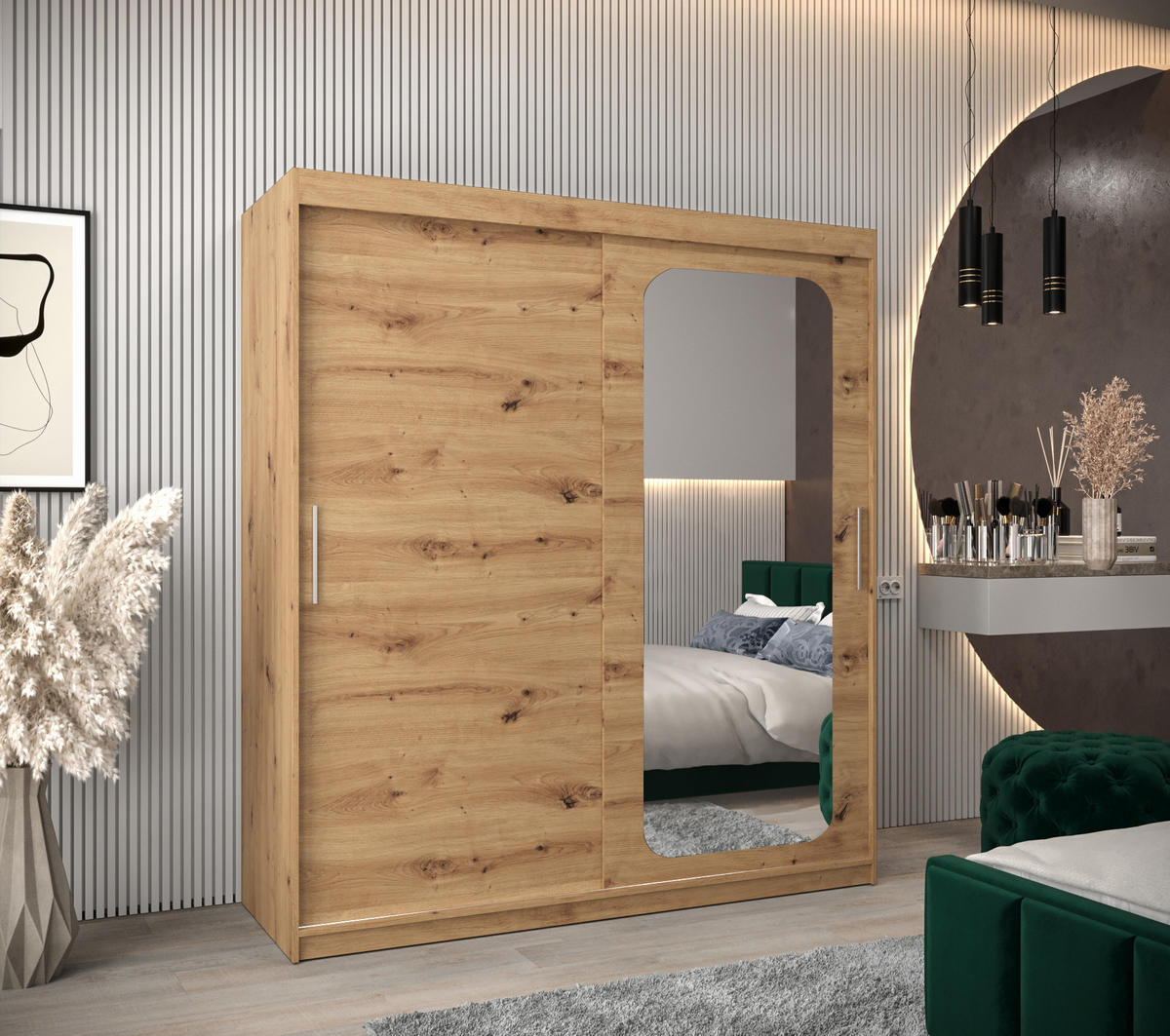 SCHWEBETÜRENSCHRANK 200/180/62 2-türig - Silberfarben/Eiche Artisan, Holz/Kunststoff (180/200/62cm) - MÖBEL KRYSPOL