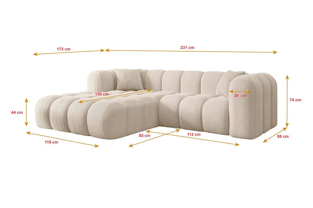ECKSOFA Ottomane Links OLEA-L1 - 231x173x74 cm Beige Cord - Beige/Schwarz, Holzwerkstoff/Kunststoff (190/242cm) - ALTDECOR