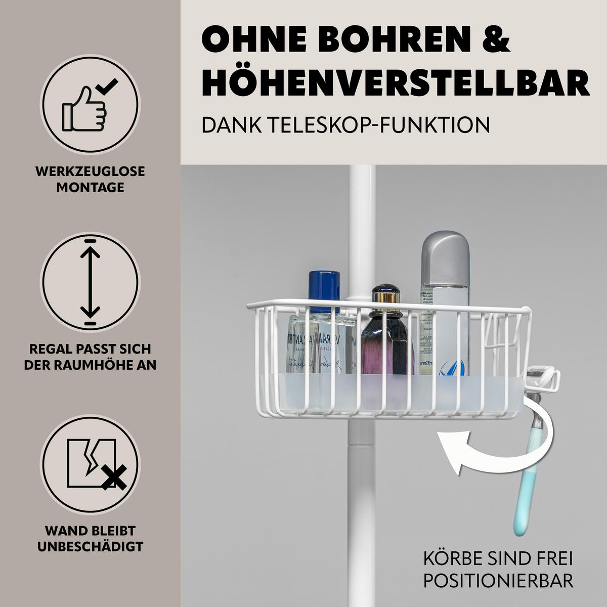TELESKOP-BADREGAL, ausziehbar bis max. 290 cm, Metall, weiß - Weiß, Metall (34.5/290/34.5cm) - bremermann