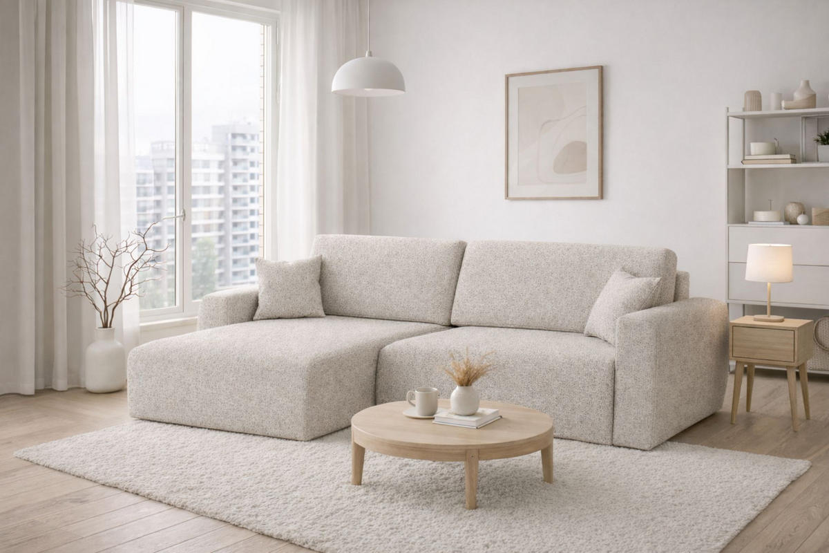 ECKSOFA Mit Schlaffunktion, Ariel XL, Chenille-Stoff, Stoff Artico, Nata, Links - Beige, Holz (280/142cm) - Kaiser Möbel