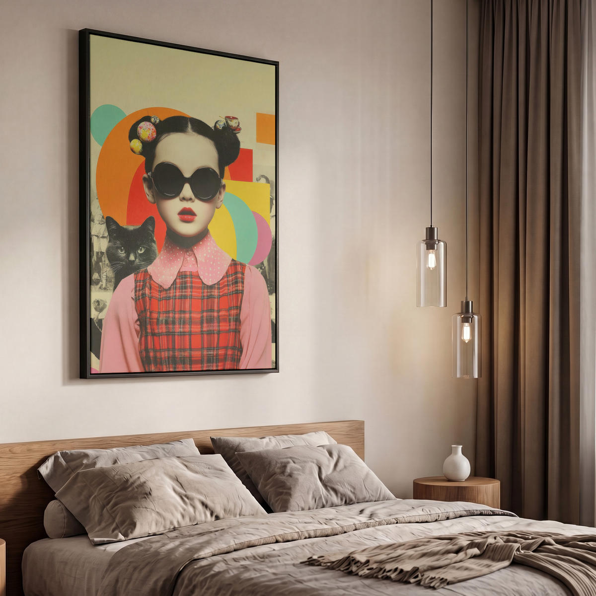 LEINWAND Bilder mit Rahmen - Mädchen - Sonnenbrille - Katze - Retro - 60x90 - Beige, Textil (60/90cm) - MuchoWow