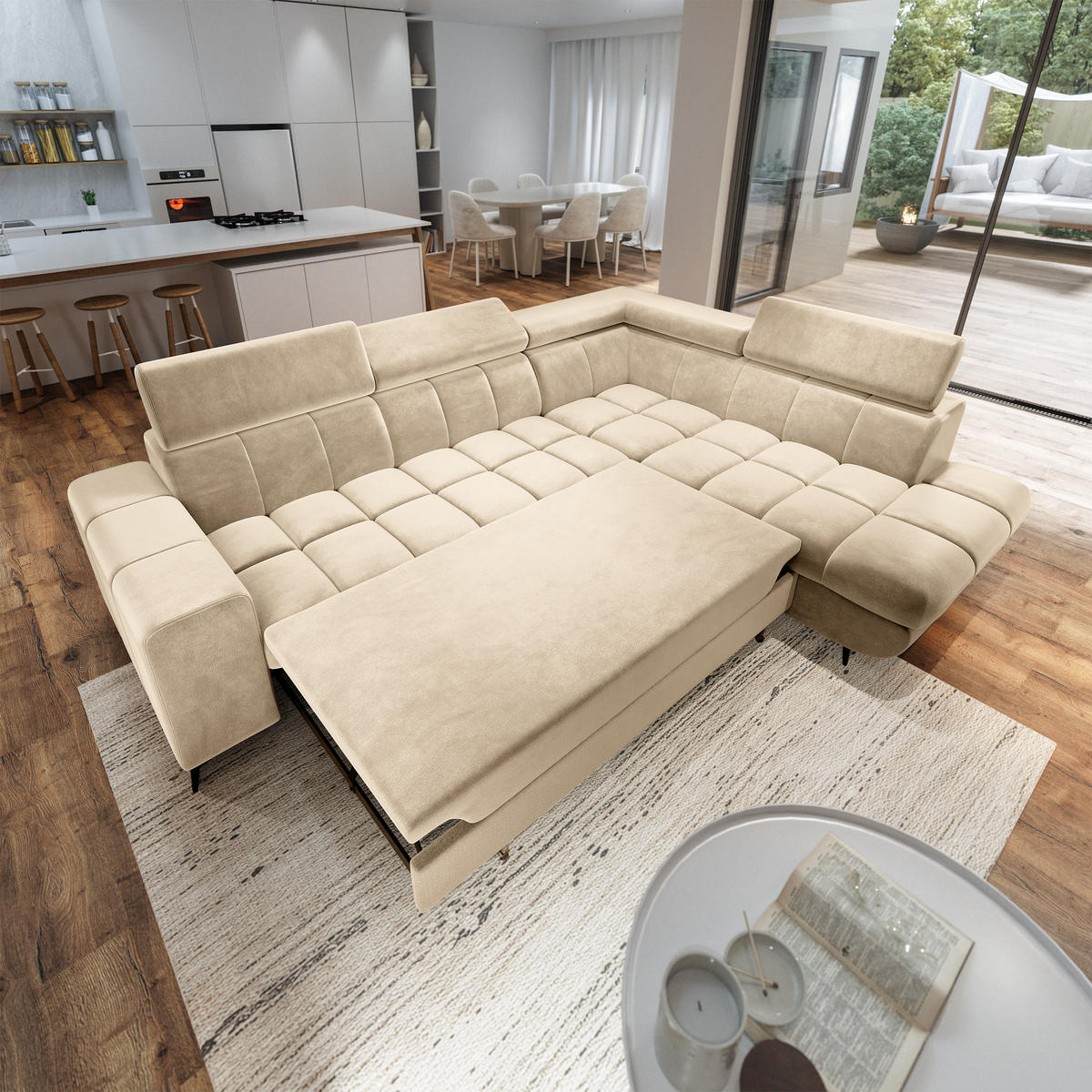 ECKSOFA MORIVA R-S Creme Velours-Stoff mit Schlaffunktion - Creme, Holz (253/190cm) - MASSENO