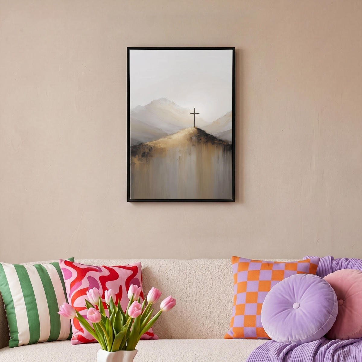 LEINWAND Bilder mit Rahmen - Hügel - Abstrakt - Kreuz - Christentum - 40x60 - Beige, Textil (40/60cm) - MuchoWow