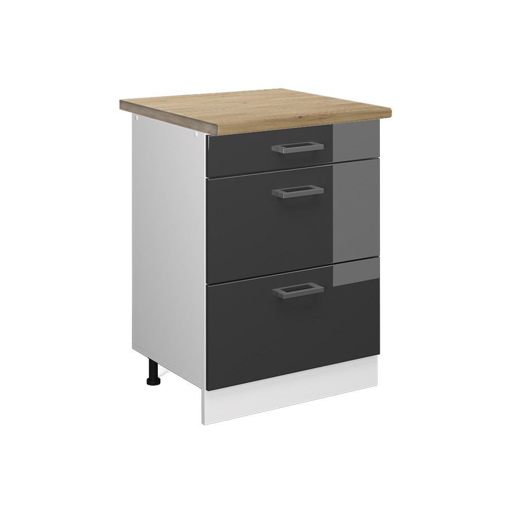 KÖKSUNDERSKÅP R-Line Antracit högblank 60 cm med lådor, AP ek Honungsek, Antracit 81.6/60/60 cm
