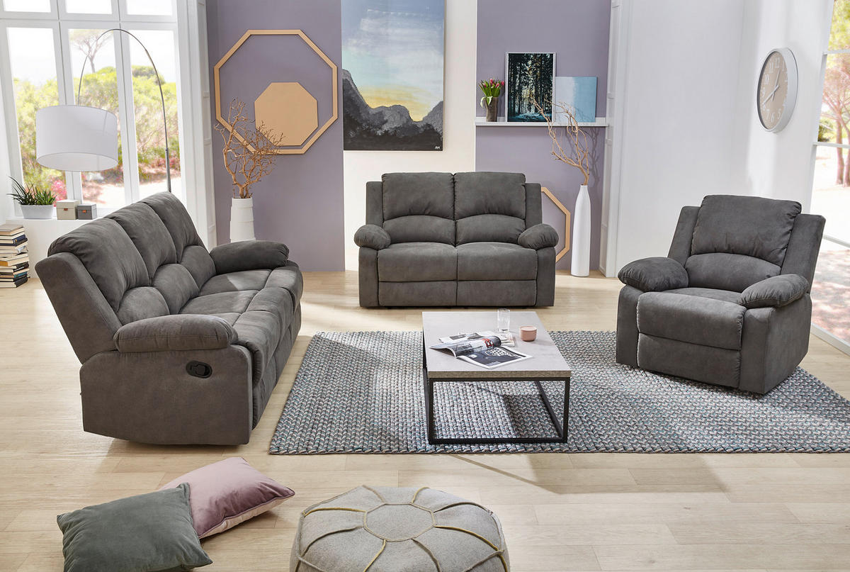 3-SITZER-RELAXSOFA Federkern, Liegefunktion verstellbar durch halbautomatische Relaxfunktion B204/T87/H97 cm, Mikrofaser Vintage Anthrazit/ 15131 - Anthrazit/Schwarz, Textil (204/97/87cm) - luma-home