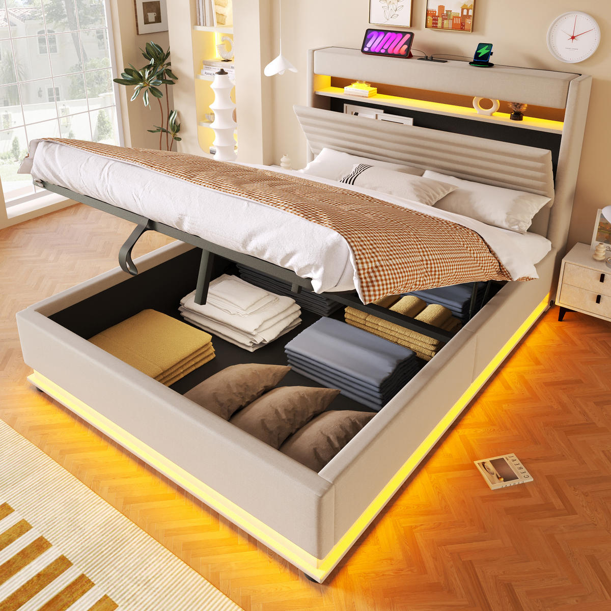 POLSTERBETT 140/200 cm in Beige Leinen mit Bettkasten, LED und USB - Beige, Holzwerkstoff/Textil (140/200cm) - WISHDOR