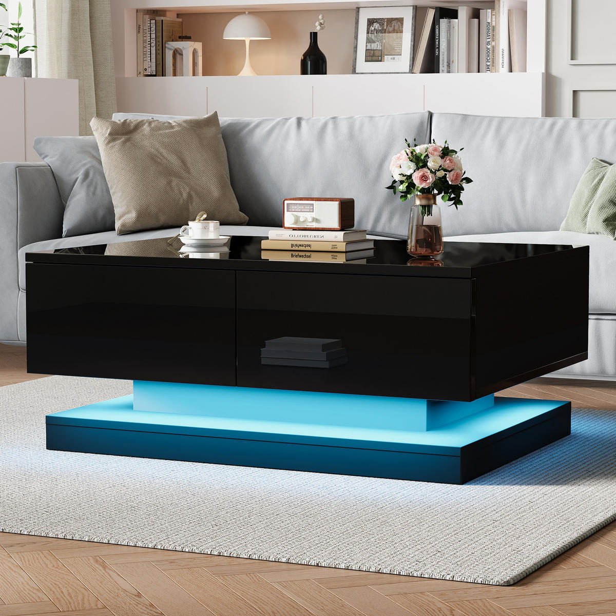 COUCHTISCH 90/50/38 cm mit 2 Schubladen, LED-Beleuchtung per App und Hochglanzfront, Schwarz - Schwarz, Holzwerkstoff (90/50/38cm) - Redom