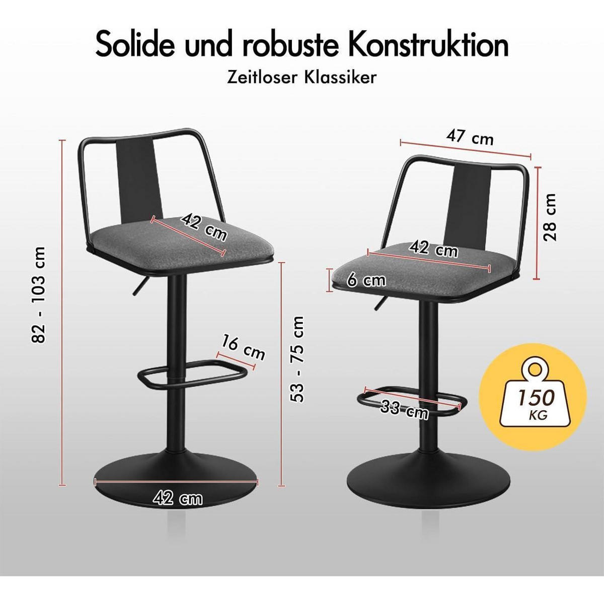 BARHOCKER 2-teiliges Set höhenverstellbar mit Rückenlehne Grau Textil - Grau, Textil (43/102/43cm)