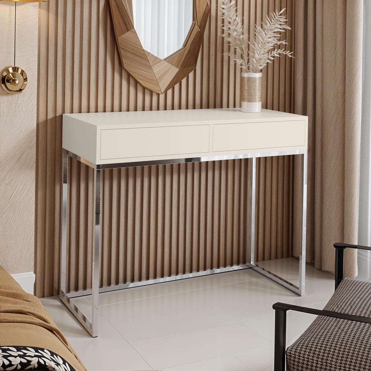 SCHMINKTISCH Cubic 80 Kaschmir, mit Chromgestell - Kaschmir/Chromfarben, Holzwerkstoff/Metall (35/80/80cm) - Bettso