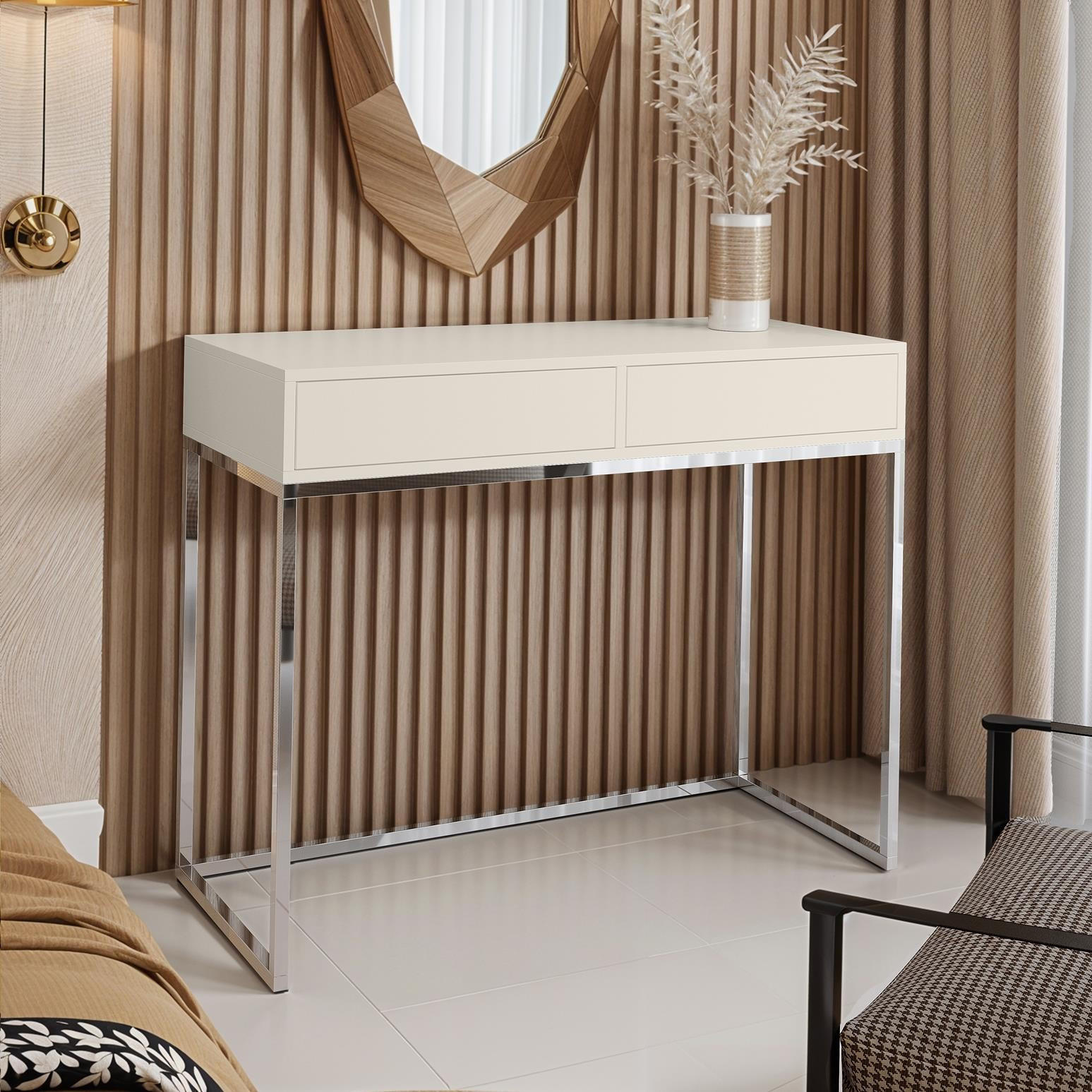 Thumbnail - Bettso Schminktisch, Chrom, Kaschmir, Holzwerkstoff, Metall, 2 Schubladen, Rechteckig, 100x80x35 cm, Wohnzimmer, Wohnzim...