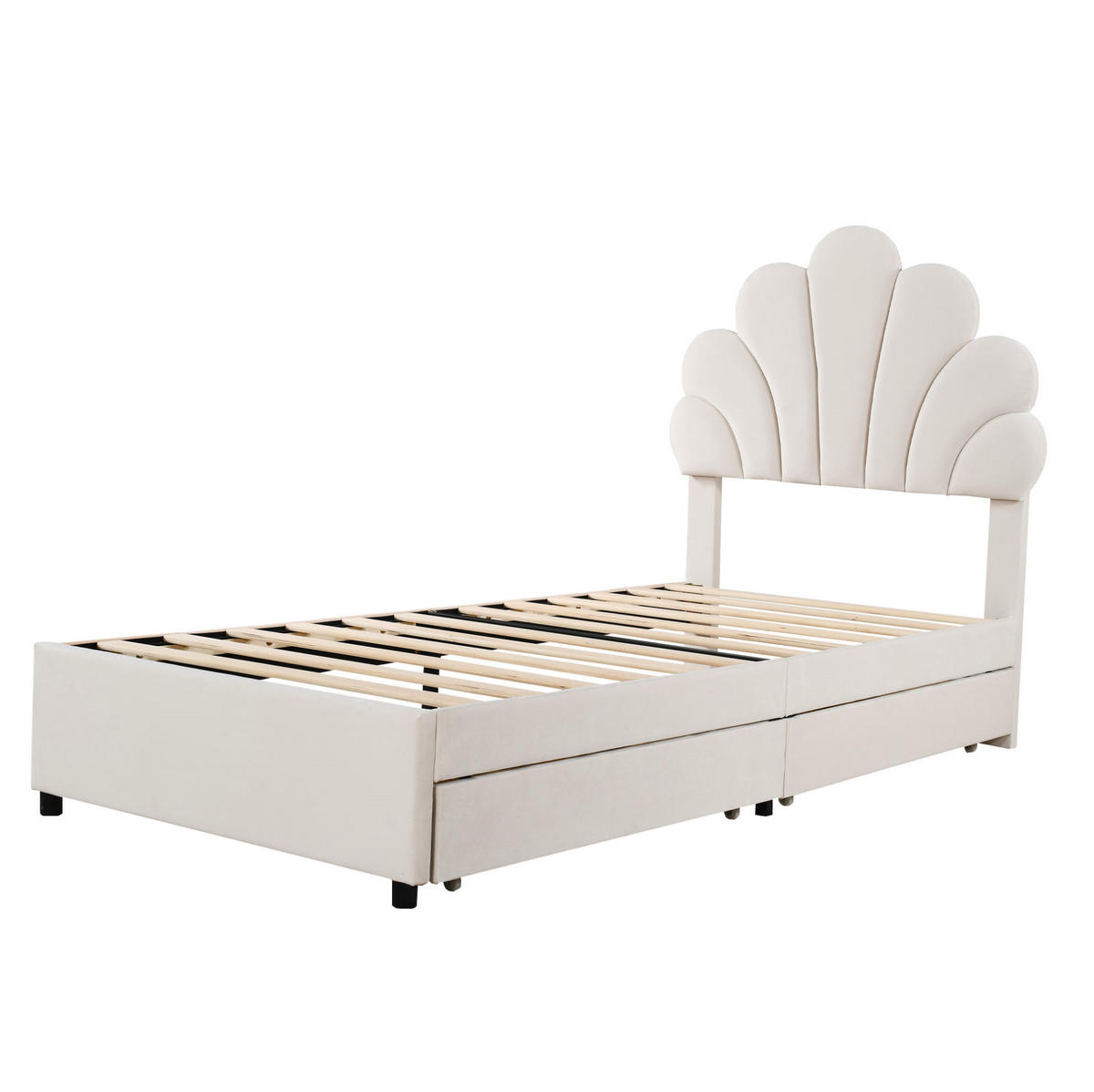POLSTERBETT 90/200 cm in Beige mit 2 Schubladen und blütenförmigem Kopfteil - Beige, Textil (90/200cm) - Flora Grace