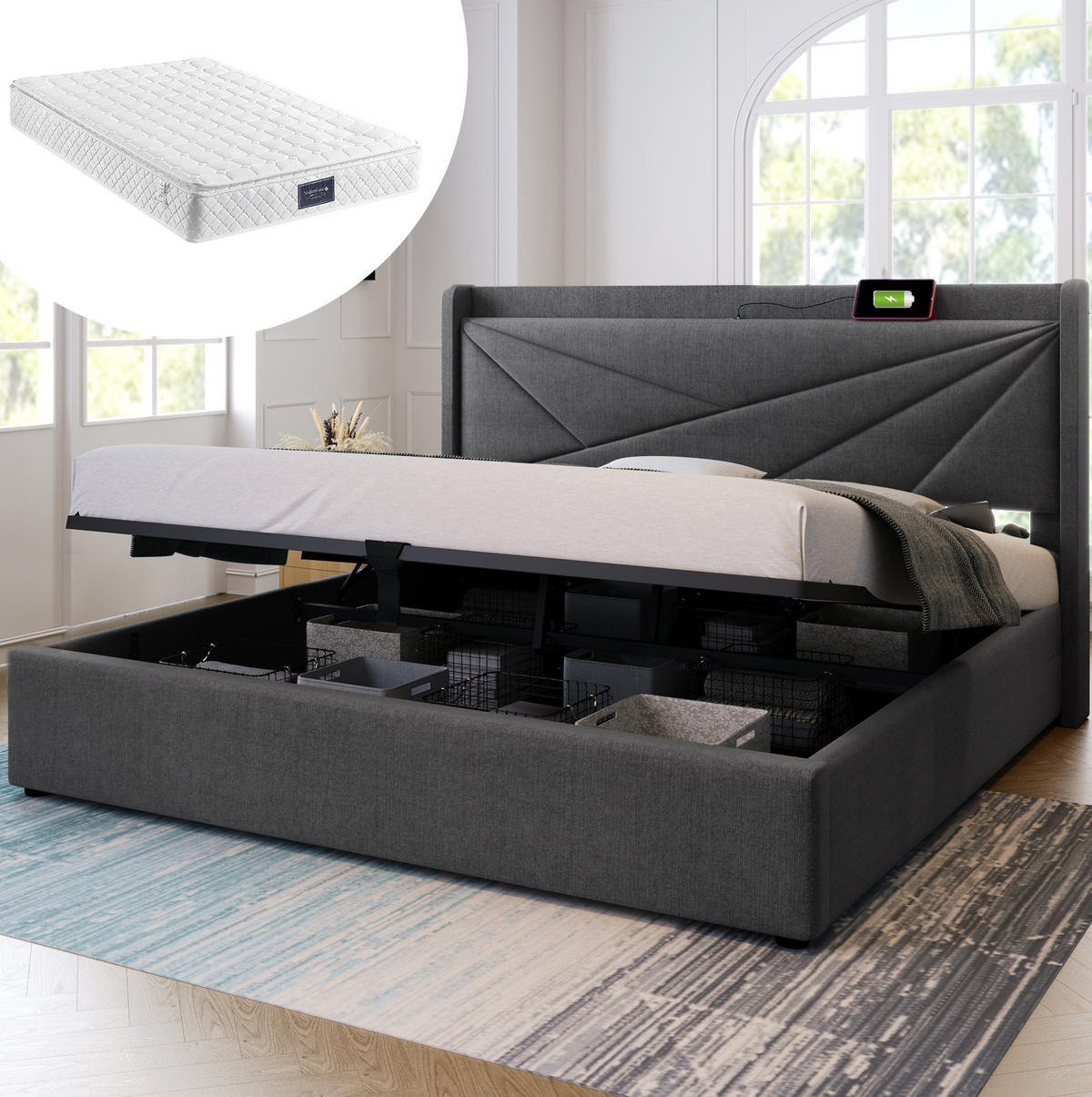 POLSTERBETT aus Baumwollleinen 140x200 cm in Grau mit USB-C & Bettkasten - Grau, Textil (140/200cm) - Modfu