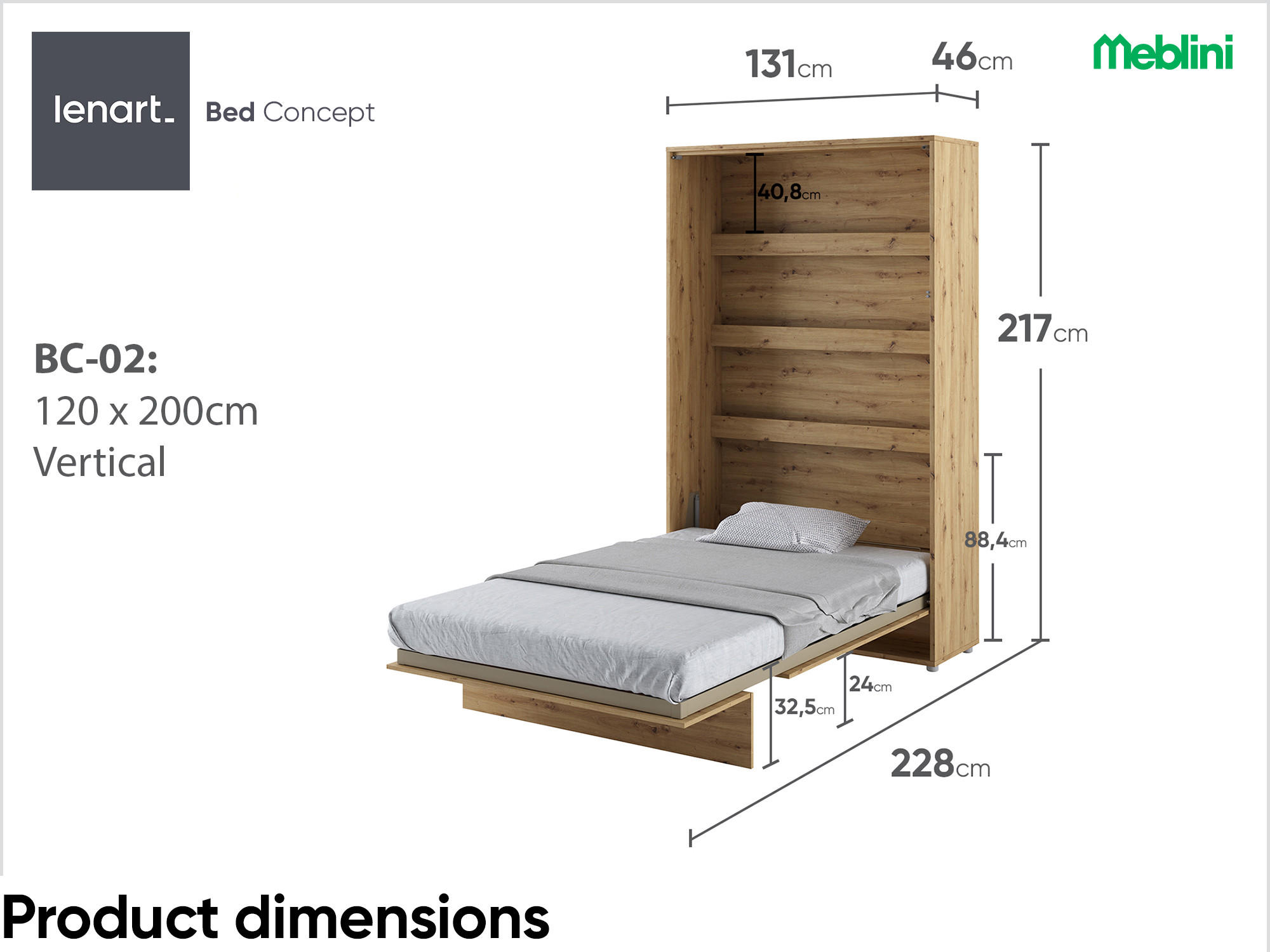 SCHRANKBETT BC-02 - 120x200cm Vertikal - Artisan Eiche mit Matratze - Eiche Artisan, Holzwerkstoff (120/200cm) - Meblini
