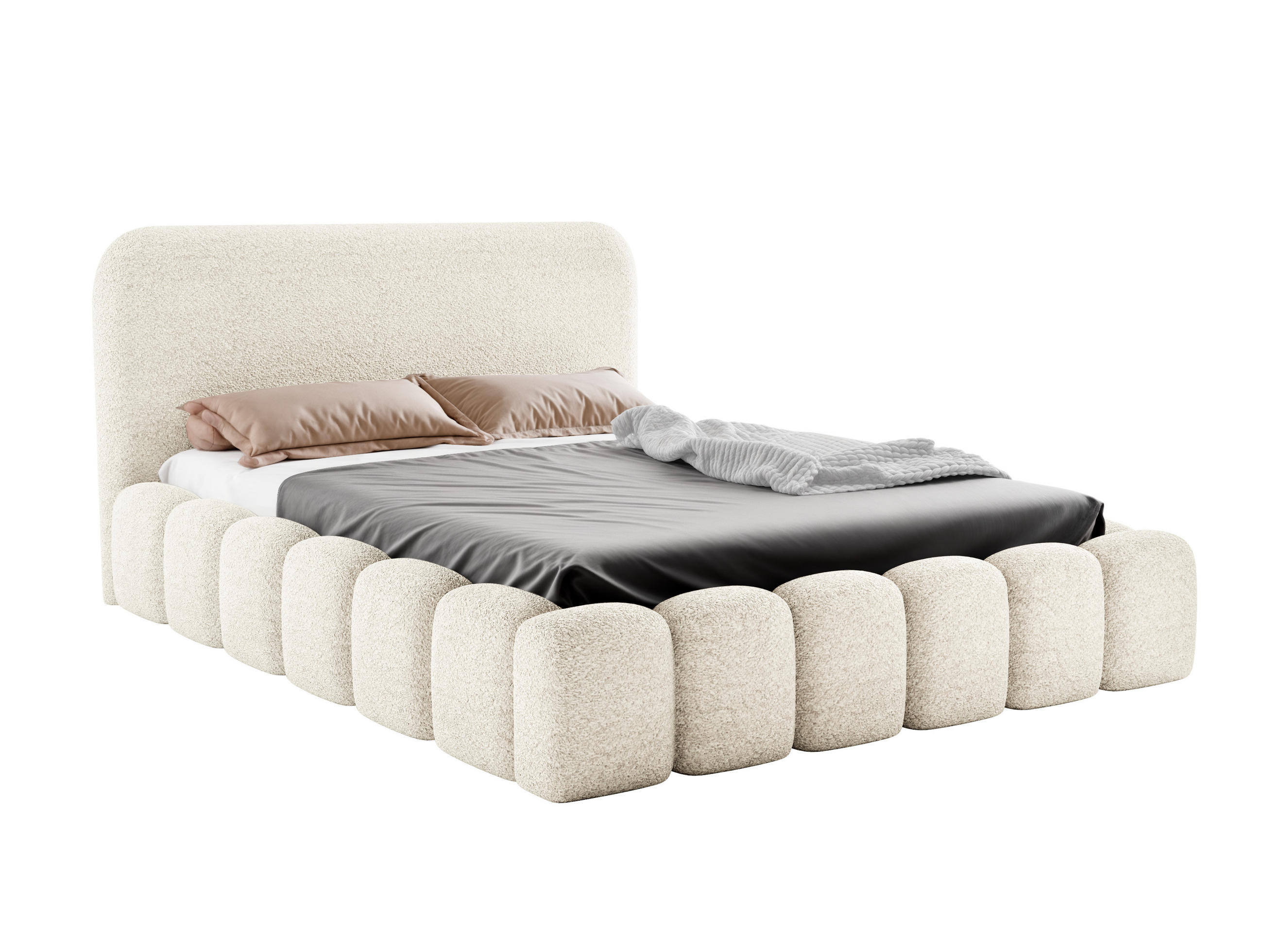 POLSTERBETT MONI 160x200 mit Bettkasten und Lattenrost – Bouclé Stoff MONTE Creme - Hellgrau, Textil (160/200cm) - Luxkor24