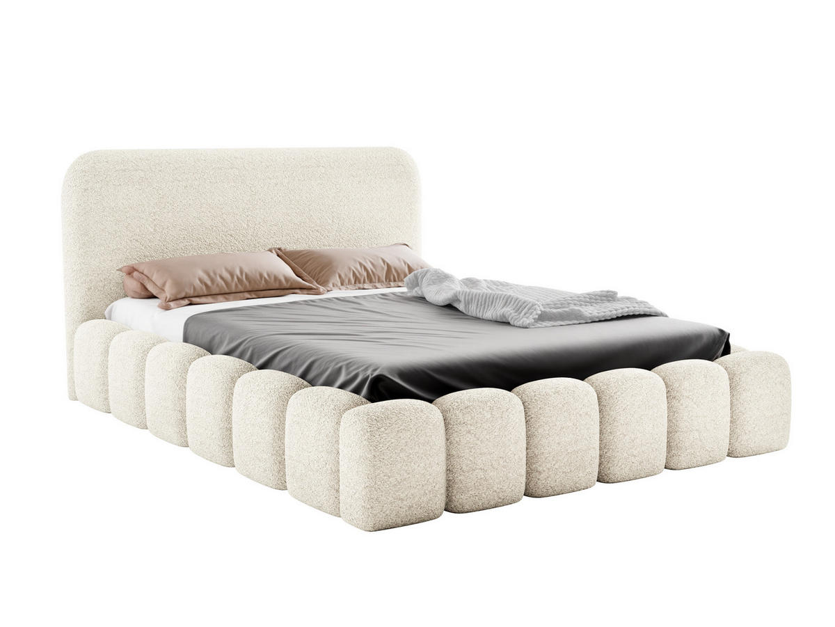 POLSTERBETT MONI 160x200 mit Bettkasten und Lattenrost – Bouclé Stoff MONTE Creme - Hellgrau, Textil (160/200cm) - Luxkor24