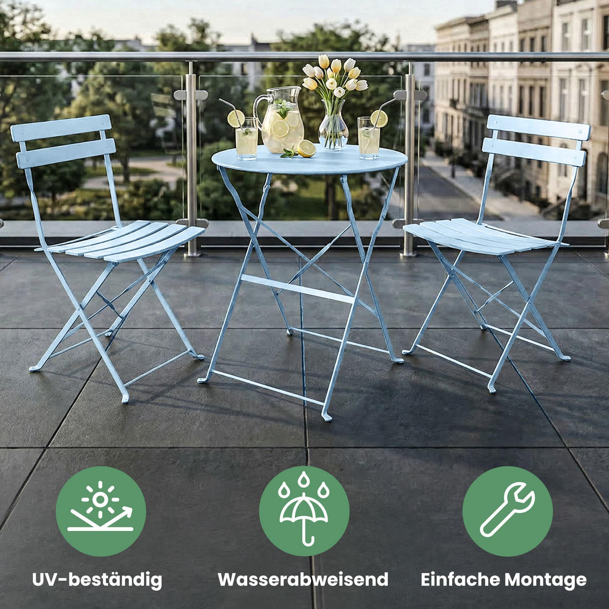 BALKONSET 3-er Set Metall Blau - Blau, Metall - Akord