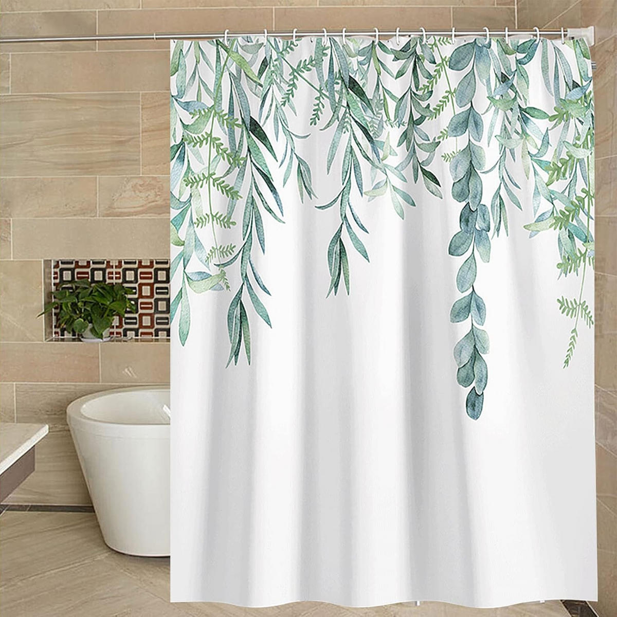 DUSCHVORHANG schimmelresistent Badezimmer Polyester Druck Pflanze Blatt Grün waschbar mit Haken für Zuhause - Grün, Textil (180/200cm) - MCBOSON