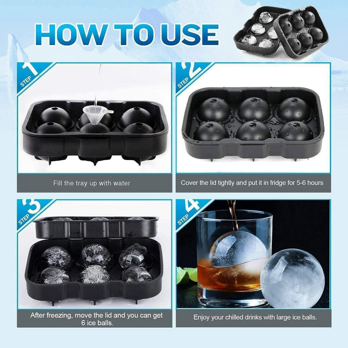 EISWÜRFELFORM 2-teiliges Set Silikon Schwarz 6 Kugeln - Schwarz, Kunststoff (12/4.8/18cm)