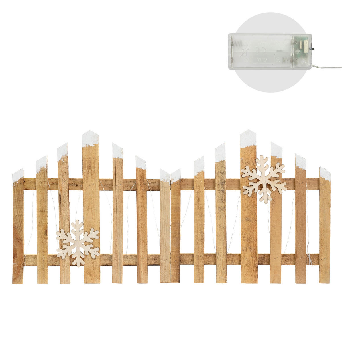 DEKO HOLZ ZAUN Natur 30 LED Warmweiß 77x38 cm mit Schneeflocken - Braun, Holz (77/38/2cm) - ECD-Germany