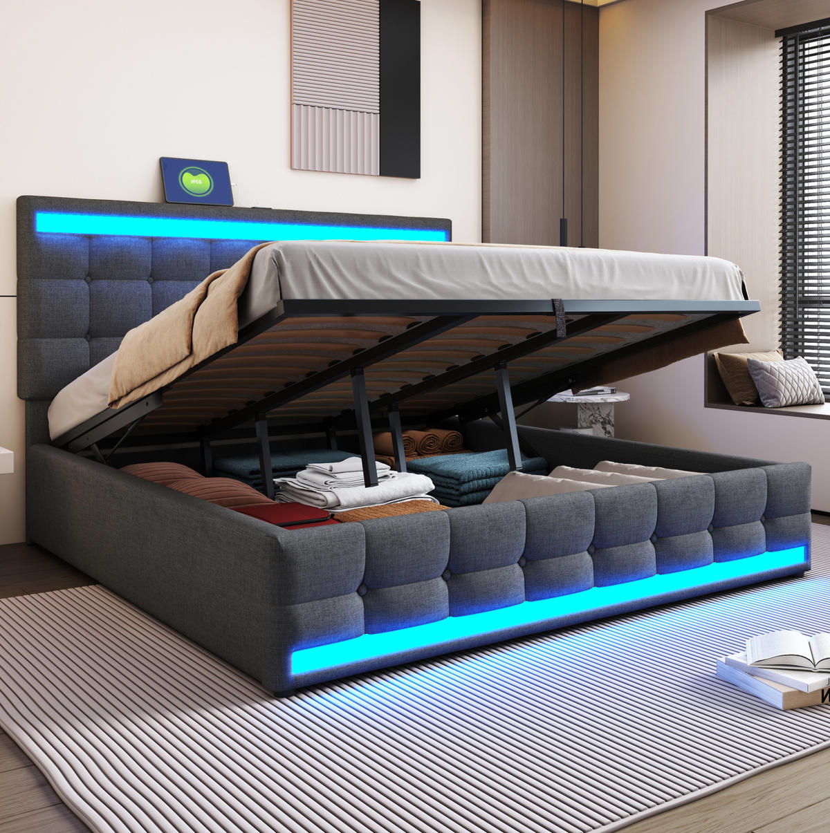 POLSTERBETT 180/200 cm mit RGB-LED, USB-Anschlüssen und verstellbarem Kopfteil, Grau - Grau, Textil (180/200cm) - Redom