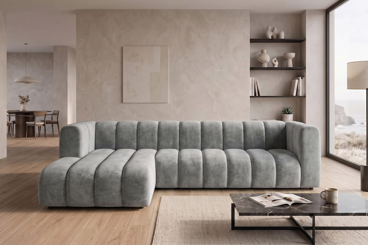 ECKSOFA Modulares In L-Form, Velvet-Stoff Riviera, Grau, Links, GRAND 318 cm - Grau, Holz (318/179cm) - Kaiser Möbel