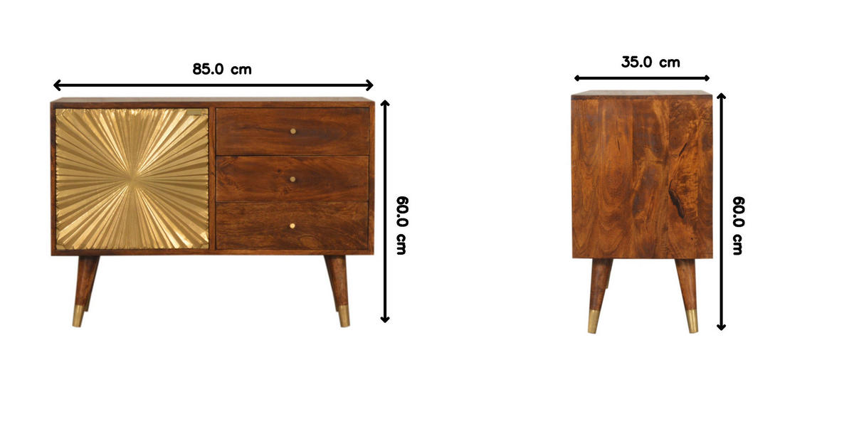 SIDEBOARD Kastanien-Finish, 3 Schubladen, 1 großes Regal, Braun und Gold - Braun, Mangoholz/Holz (35/60/85cm) - Artisan Furniture