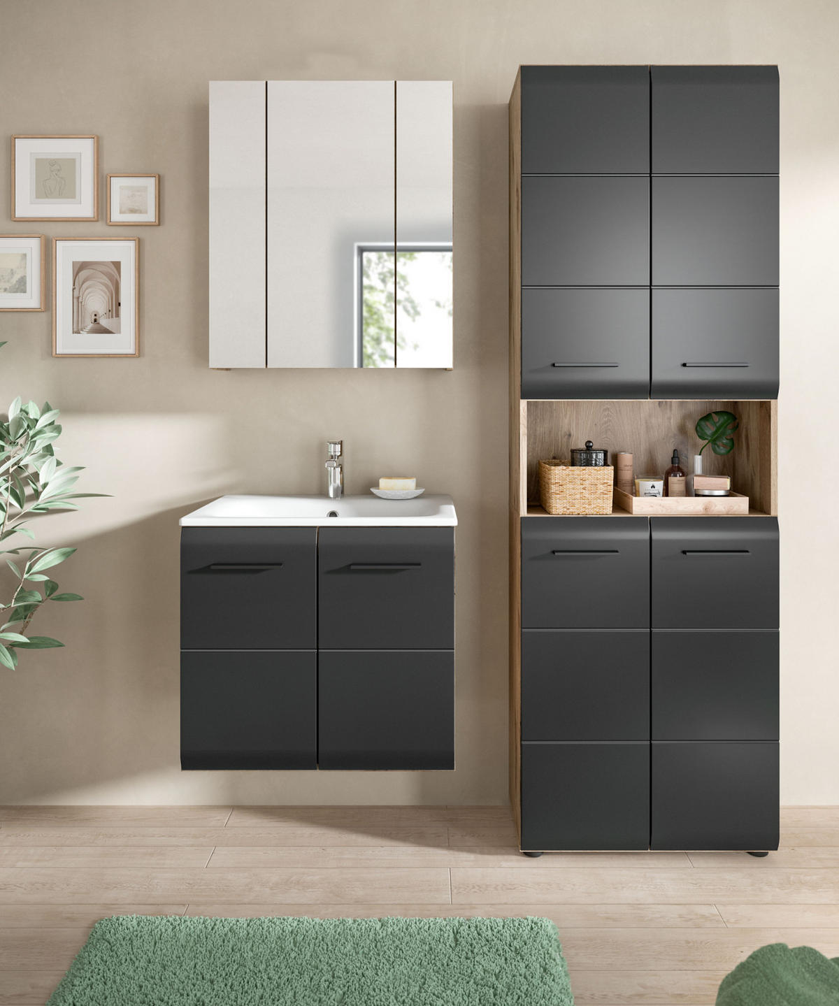 WASCHTISCH schwarz matt, Eiche Nox, Waschtischunterschrank hängend 60 cm mit Waschbecken - Eichefarben/Schwarz, Keramik/Holzwerkstoff (60/55/46cm) - Inn.Furn