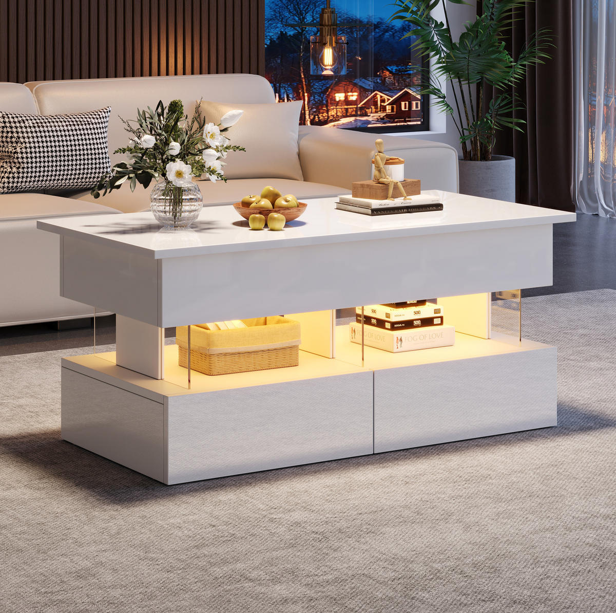 COUCHTISCH höhenverstellbar 100 x 50 x 46 cm Weiß mit 2 Schubladen und LED - Weiß, Wellpappe (100/50/46cm) - Meubliv