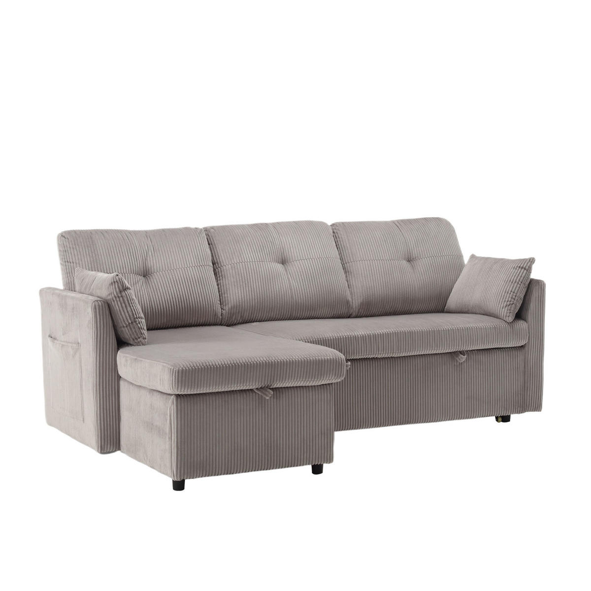 ECKSCHLAFSOFA Cord Hellgrau mit Stauraum, Schlaffunktion und mit Kissen - Hellgrau, Holzwerkstoff/Textil (206/108cm) - WISHDOR