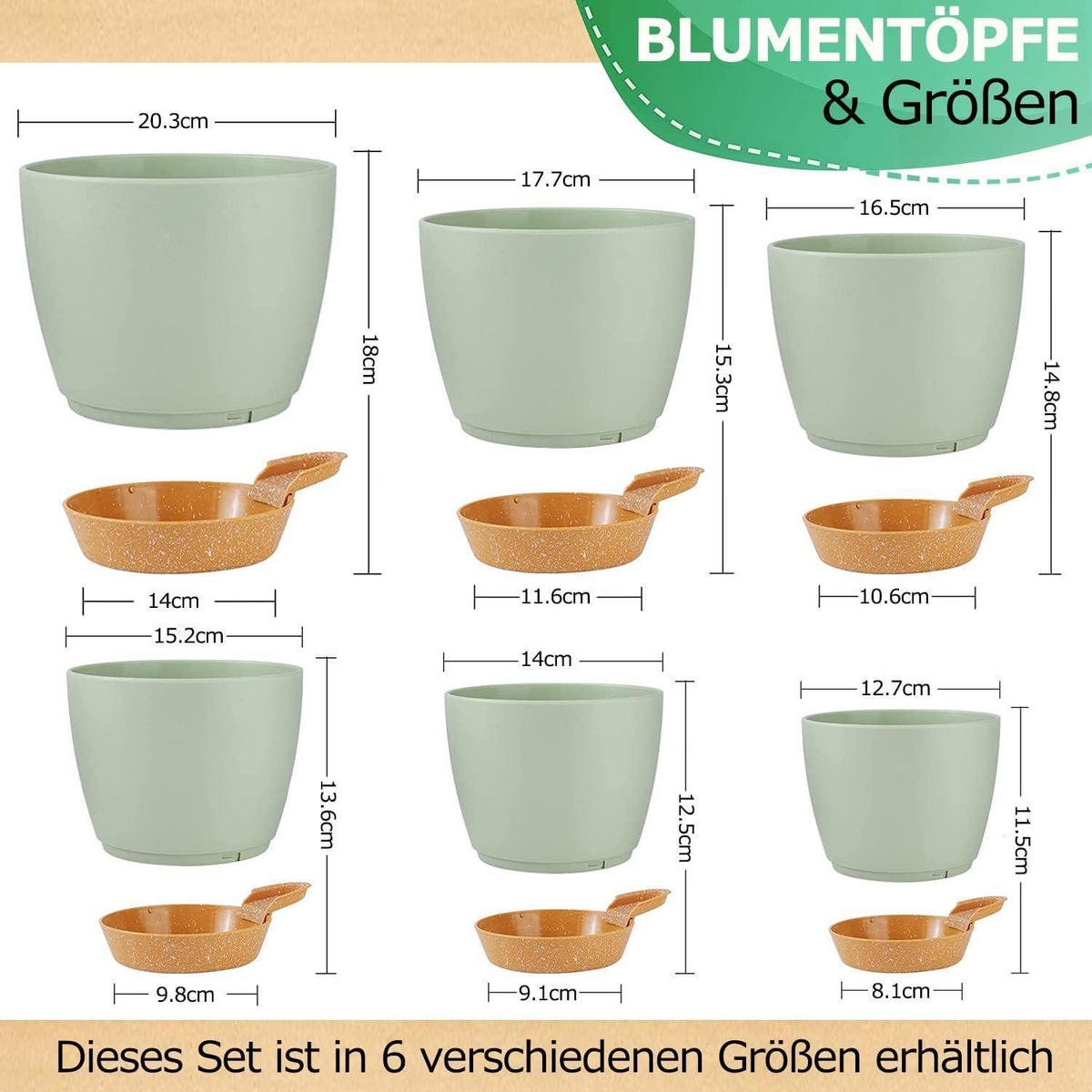 BLUMENTOPF 6er-Set mit Untersetzer Selbstbewässerung Grün 12.5-20.3 cm - Grün, Kunststoff (14/18/20cm)