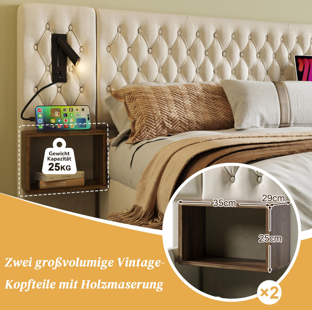 POLNJENA postelja iz žameta 160x200 cm bež z 2 nočnima omaricama, 4 predali, bralno lučko in USB/Type C polnjenjem - bež, tekstil (160/200cm) - Modfu