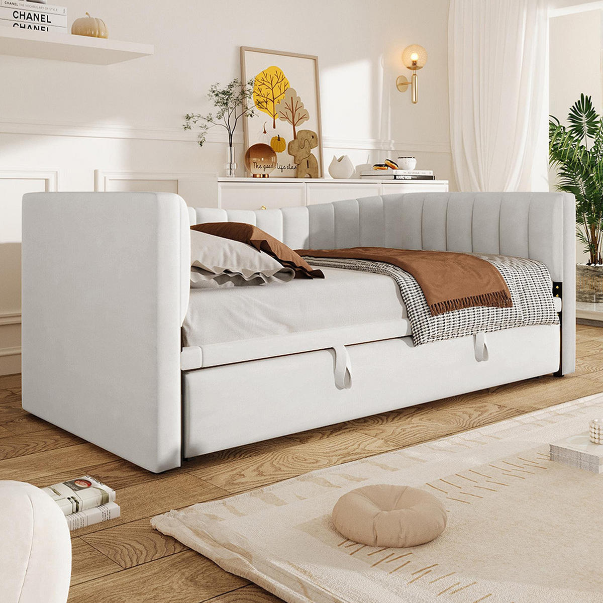 EINZELBETT 90 x 200cm mit Ziehbett(Ohne Matratze),Weiß - Weiß, Holz/Textil (90/200cm) - KOMHTOM