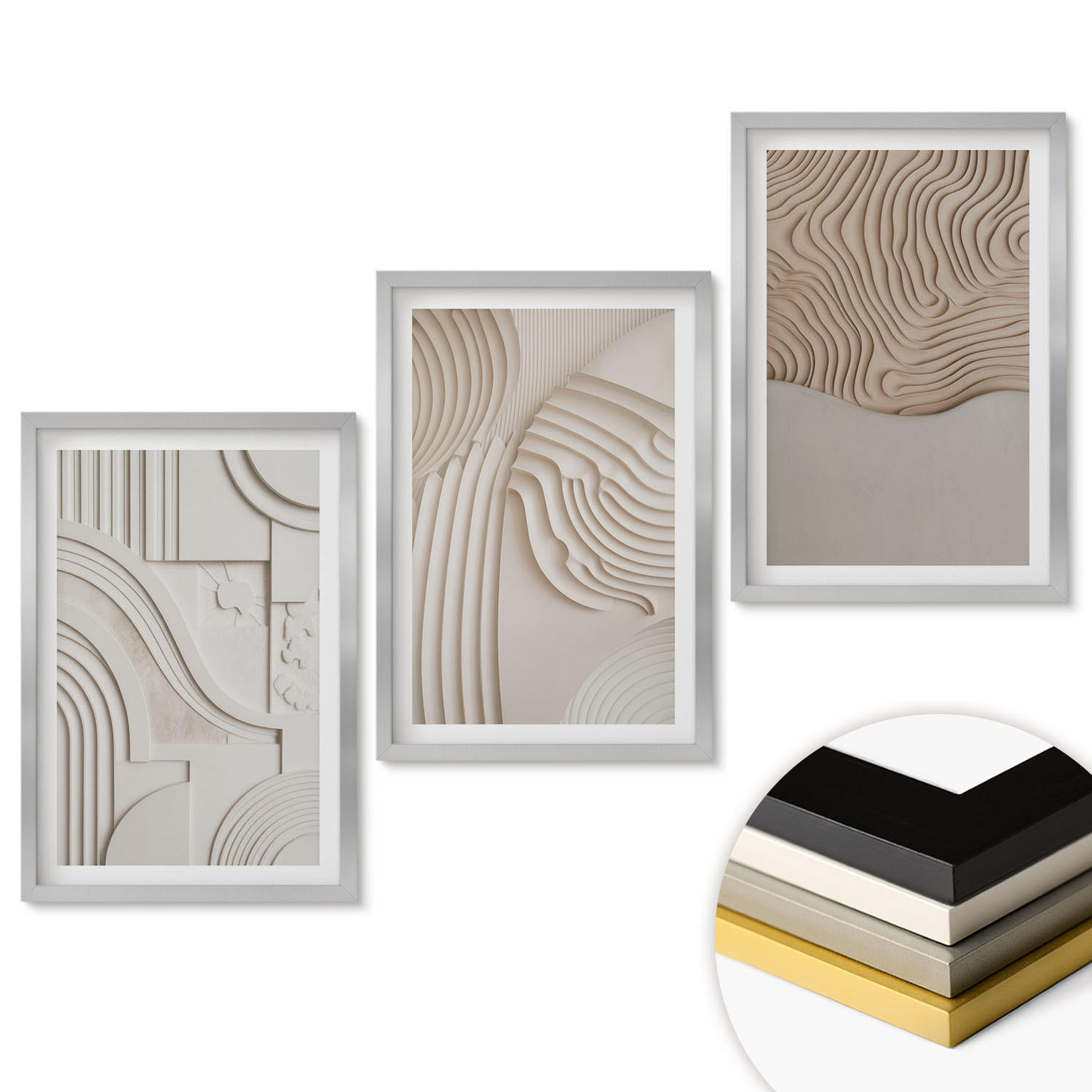 WANDBILDER 3er Set - 40x60 cm Silberner Rahmen - Abstrakte Muster beige weiß - Silberfarben, Kunststoff (40/60cm) - ArtPrintCave
