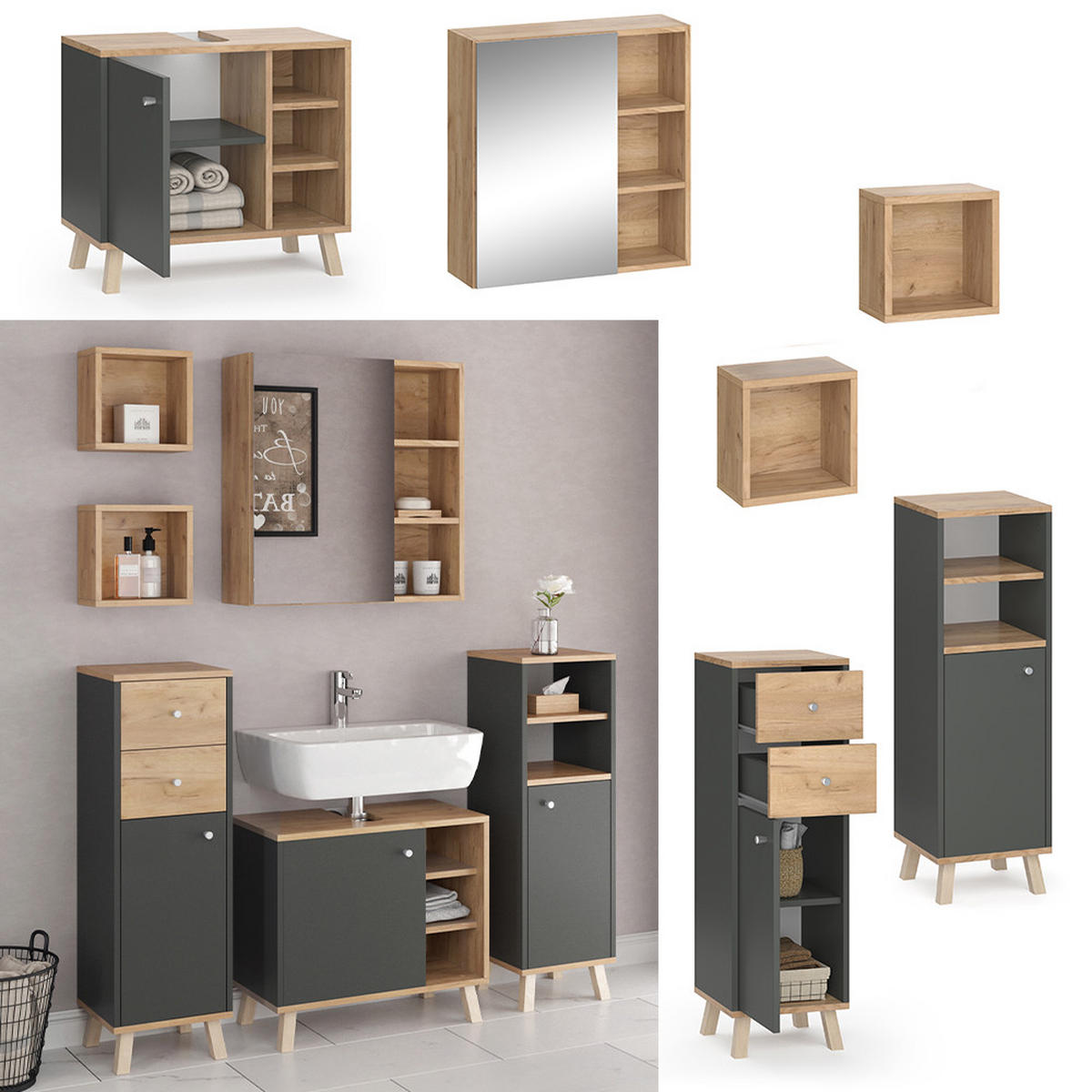 BADMÖBEL-SET Senyo Anthrazit 5 Teile, mit Regalen - Honigeiche/Anthrazit, Holzwerkstoff (62/54/32cm) - Vicco