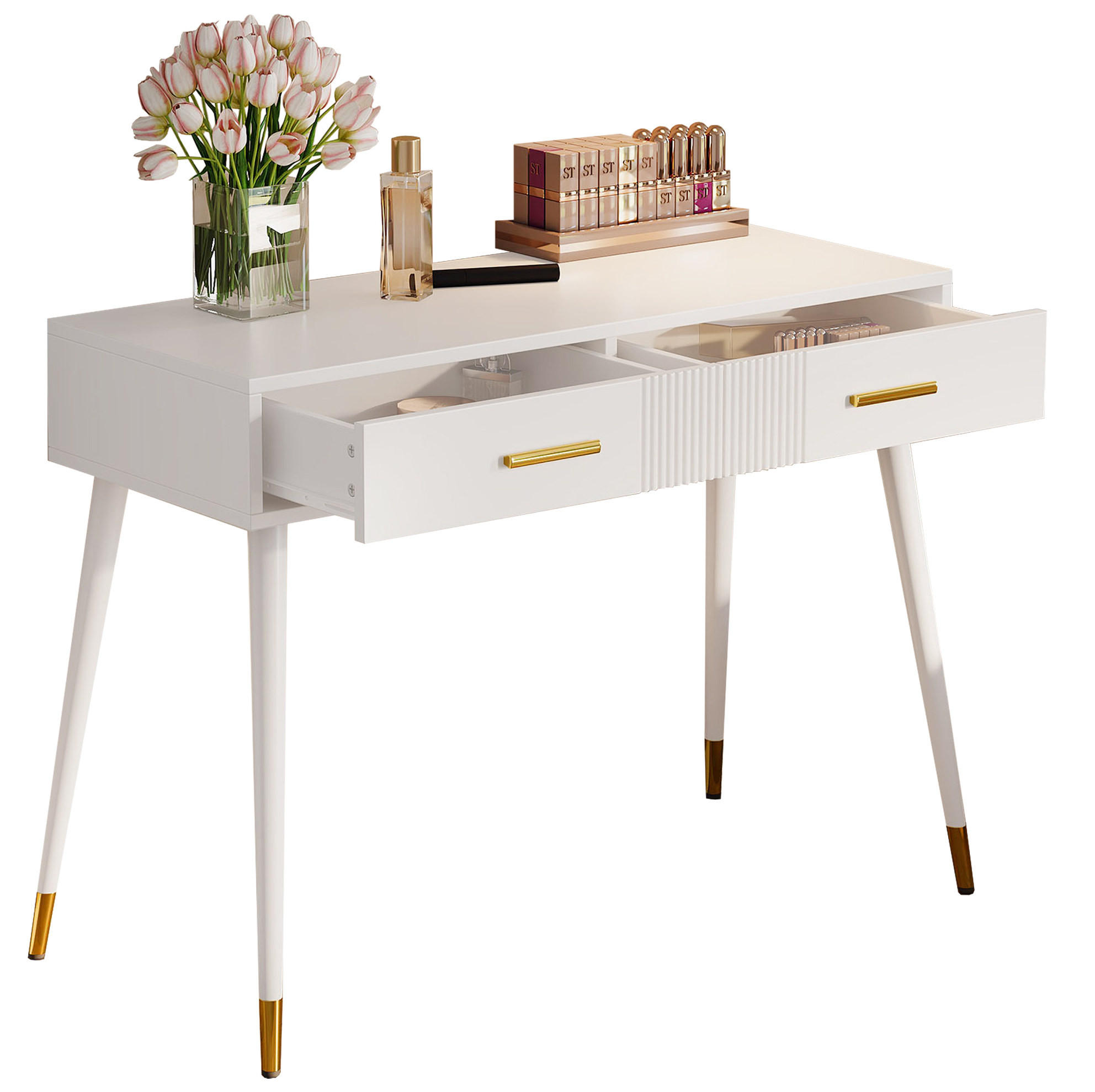 KONSOLENTISCH 100/40/76 cm Weiß mit 2 Schubladen und Metallfüßen - Weiß, Holzwerkstoff (100/40/76cm) - OKWISH