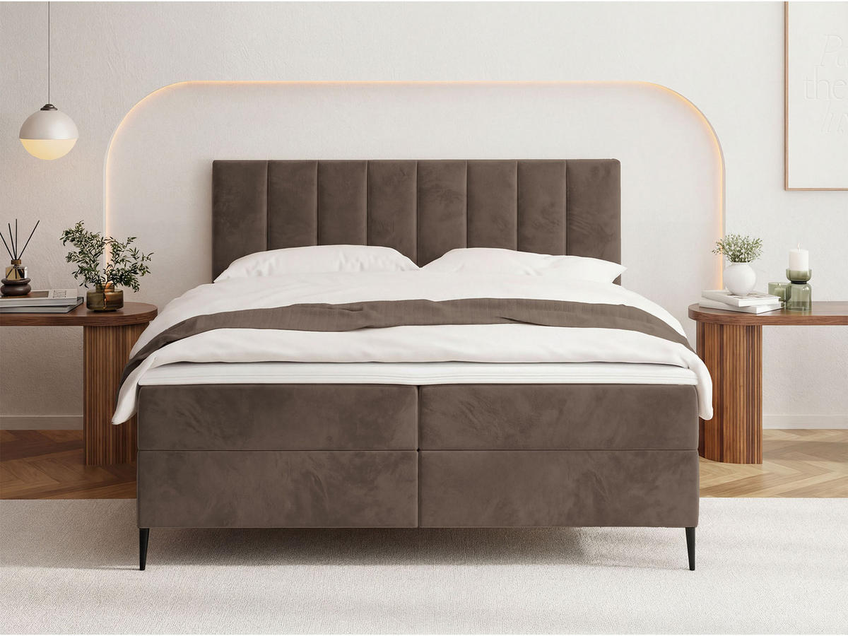 BOXBETT Allen mit Bettkasten, Samt Braun 120x200 cm – inkl. H4 Taschenfederkern Matratze & Foam Topper - Schwarz/Braun, Holz/Holzwerkstoff (120/200cm) - WFL GROUP