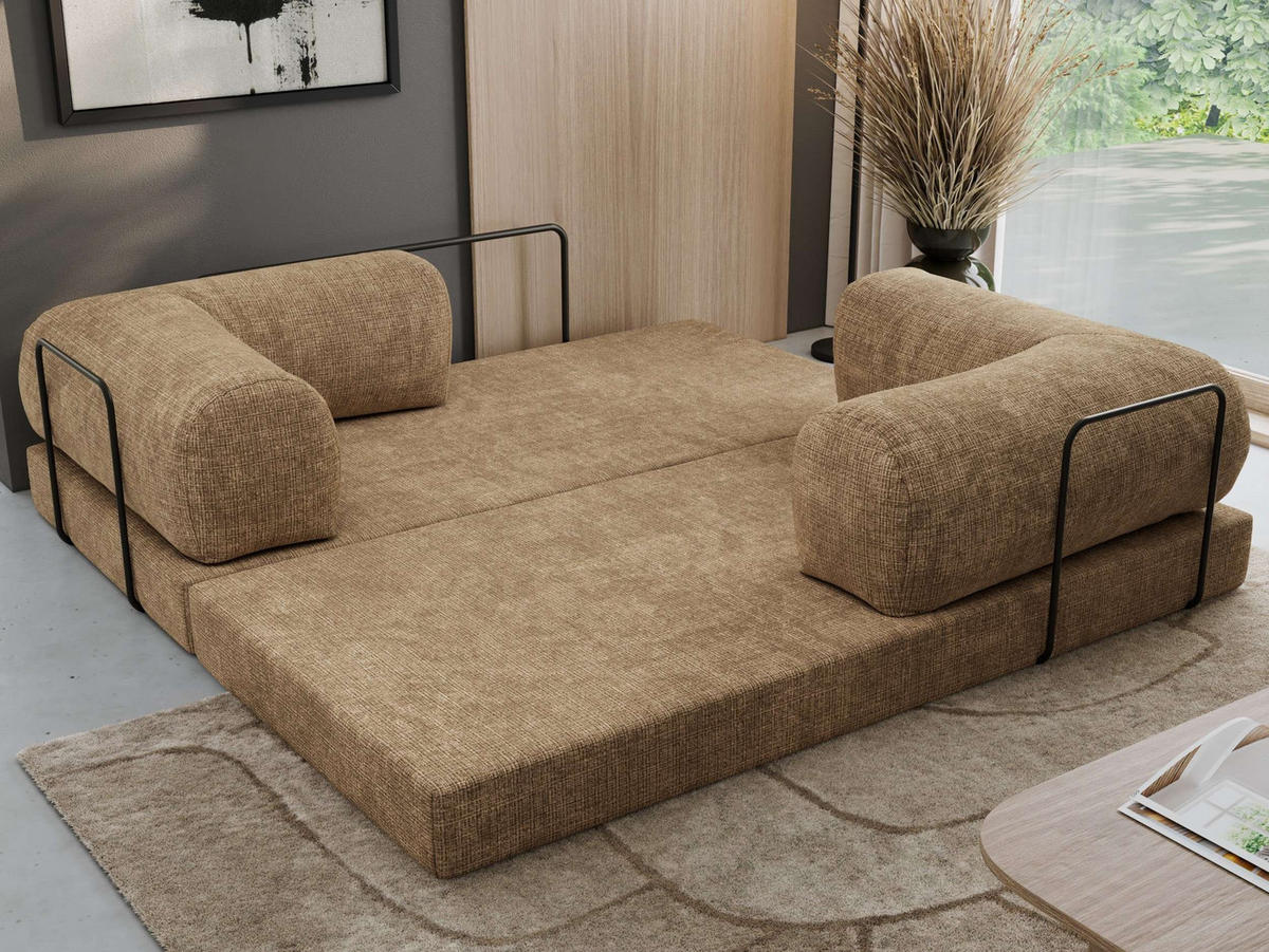TROJMIESTNA POHOVKA ORSETTO - Svetlohnedá Hrubo tkaná ženilka - svetlohnedá/čierna, kov/textil (200/70/100cm) - MKS
