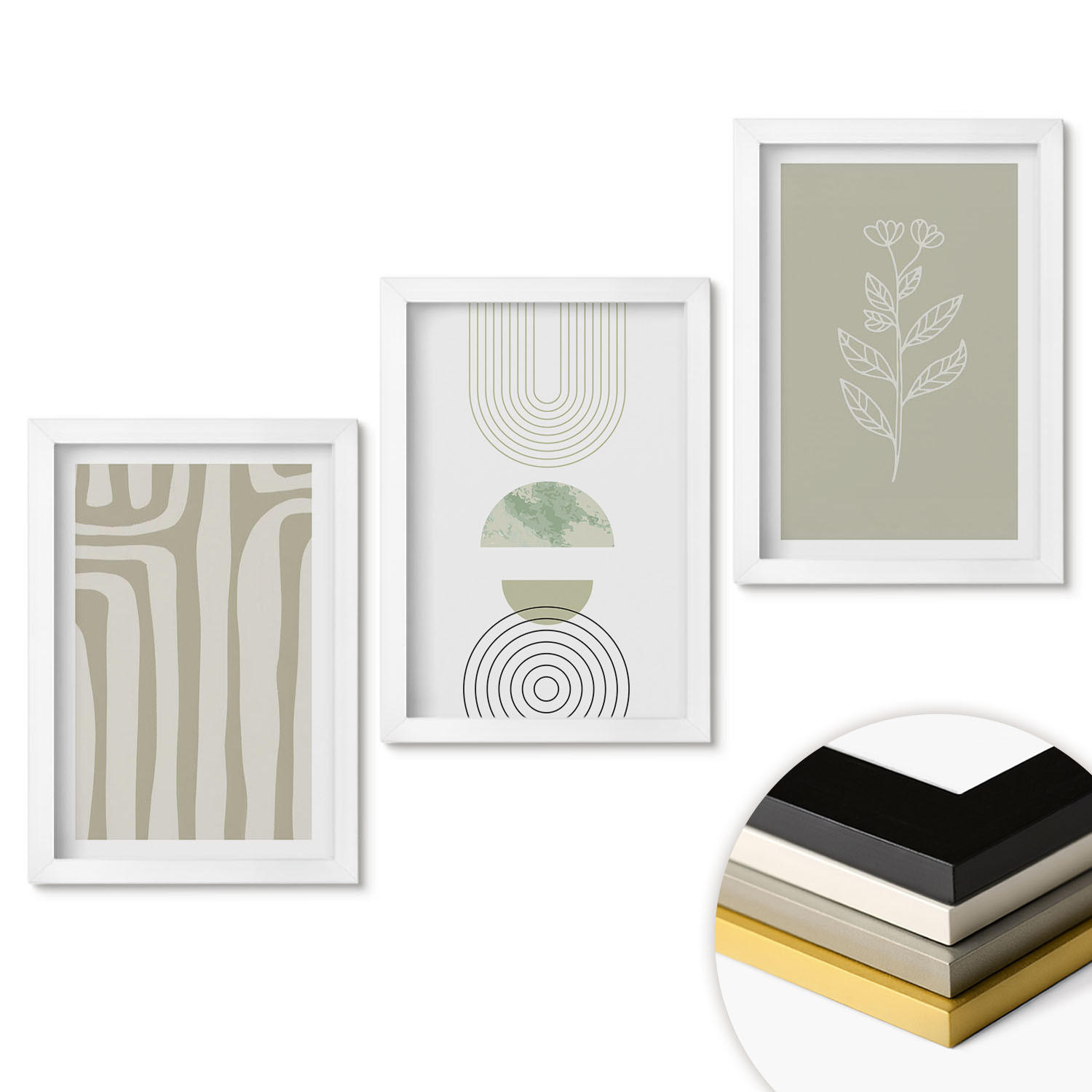 WANDBILDER 3er-Set - 20x30 cm Weißer Rahmen - Geometrische Pflanzenmuster - Weiß, Kunststoff (20/30cm) - ArtPrintCave
