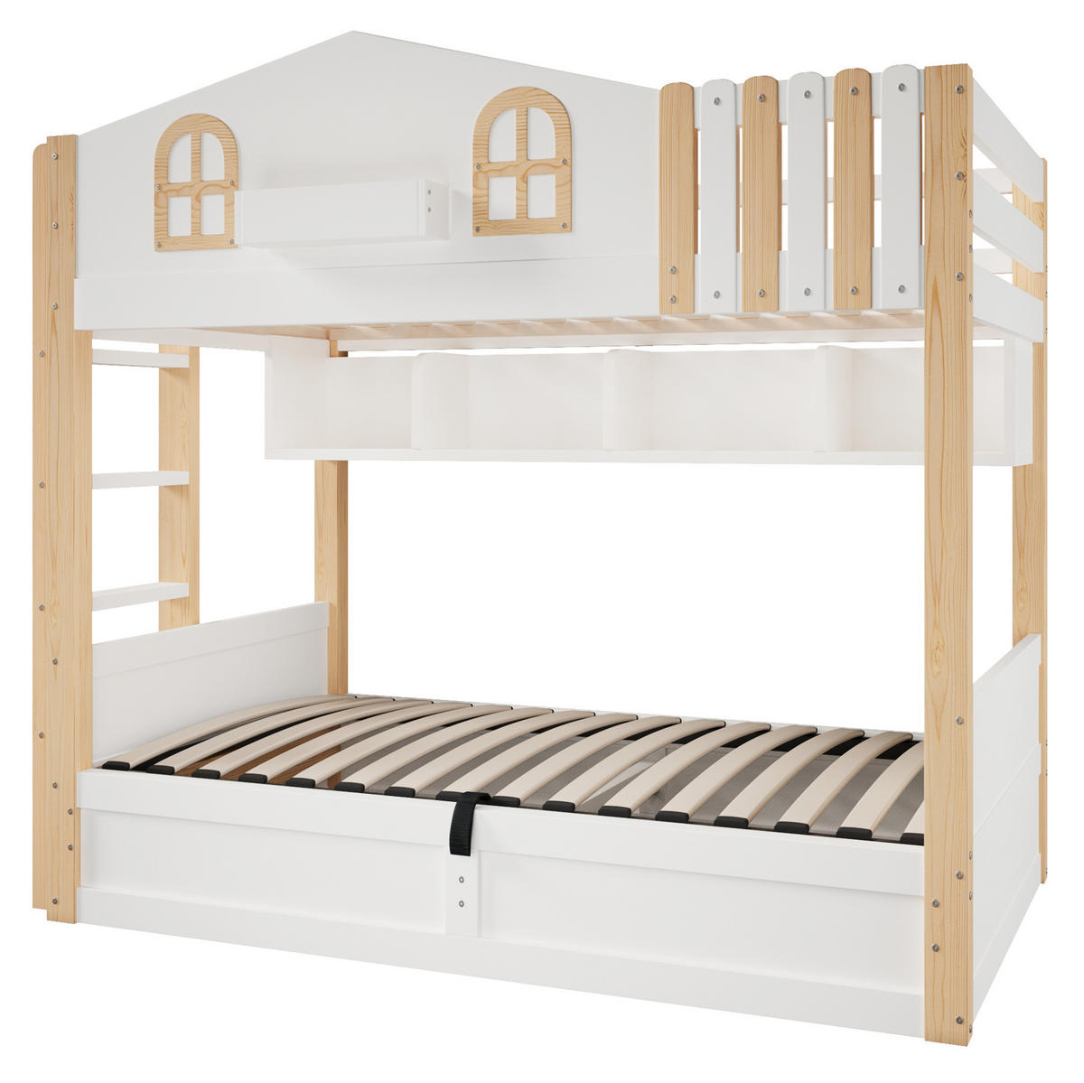 ETAGENBETT 90/200 cm aus Kiefer und MDF mit LED, Weiß/Natur - Eichefarben, Holzwerkstoff (90/200cm) - OKMYHOME