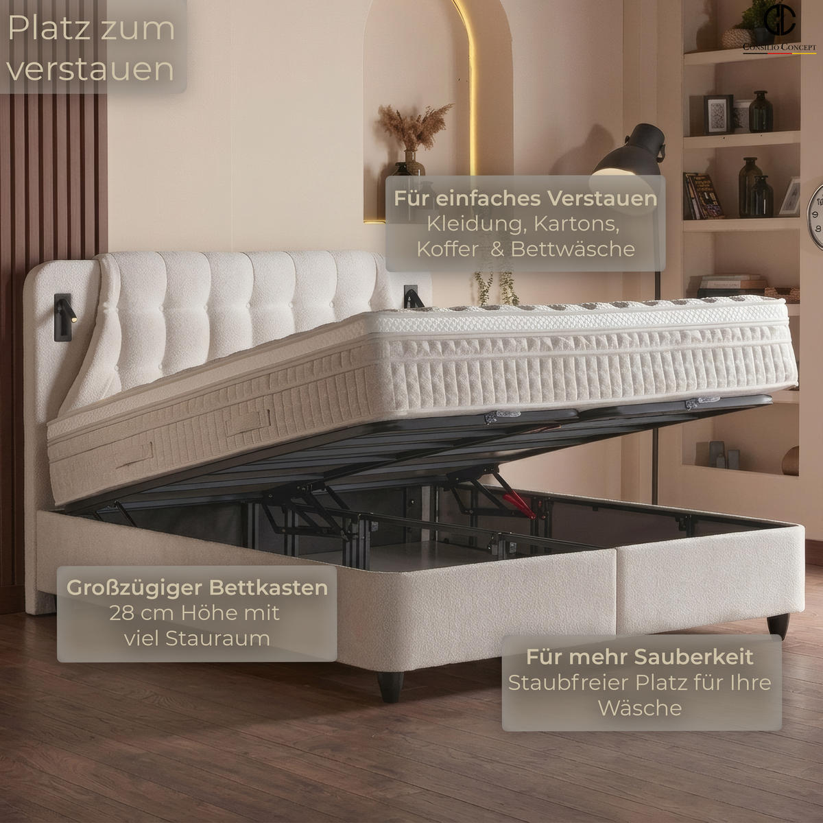 BOXSPRINGBETT MIT BETTKASTEN OSLO 160/200 cm, Ivory, Bettkasten, Matratze, Topper integriert, H3 mittel 7-Zonen Matratze - Creme/Schwarz, Holz/Kunststoff (160/200cm) - Consilio Concept