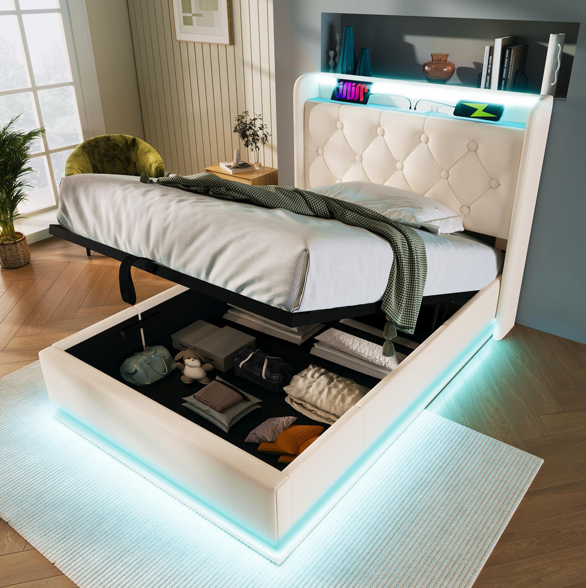 POLSTERBETT 90/200 cm mit hydraulischem Bettkasten, 360° LED & USB/Typ-C, weiß PU - Weiß, Kunststoff (90/200cm) - Redom