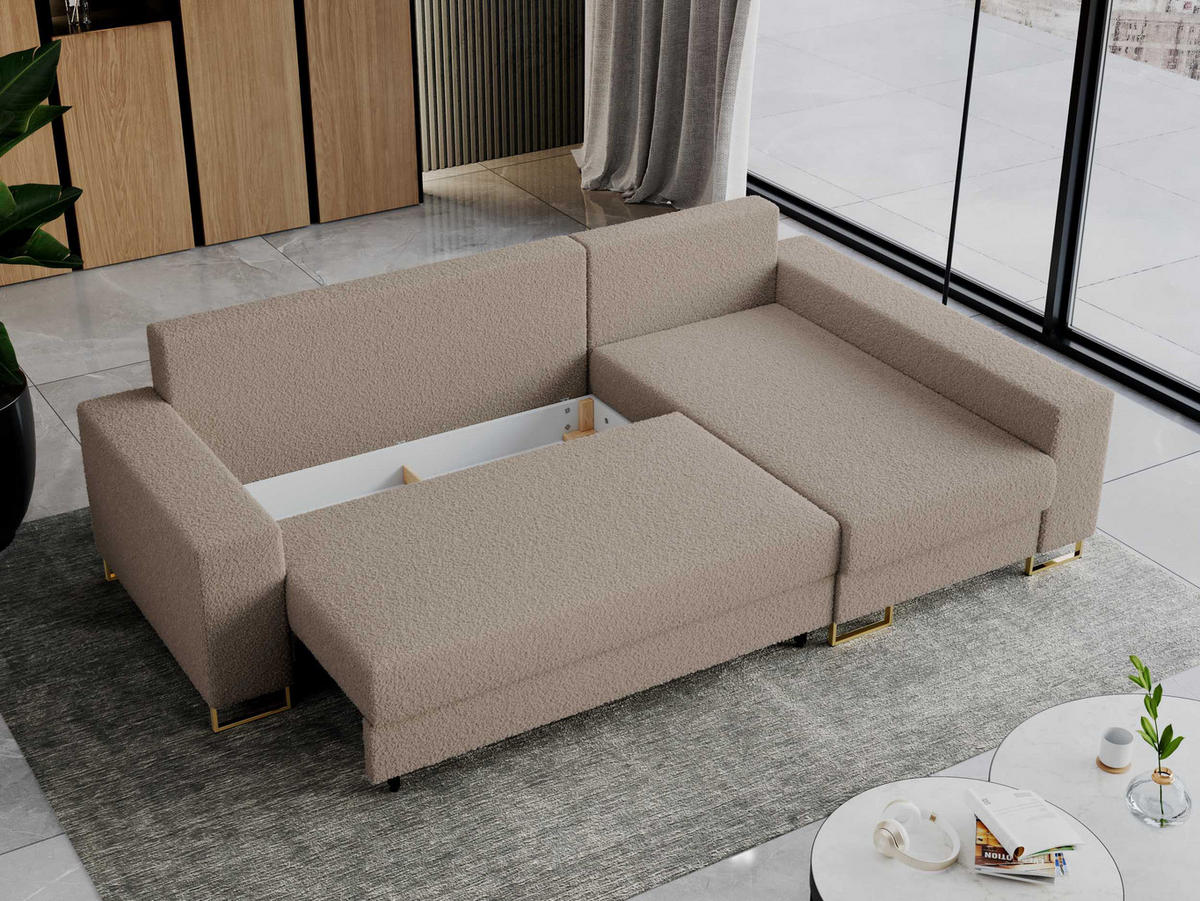 ECKSOFA Dorian Boucle Hellbraun - Hellbraun/Goldfarben, Textil/Metall (242/138cm) - MKS