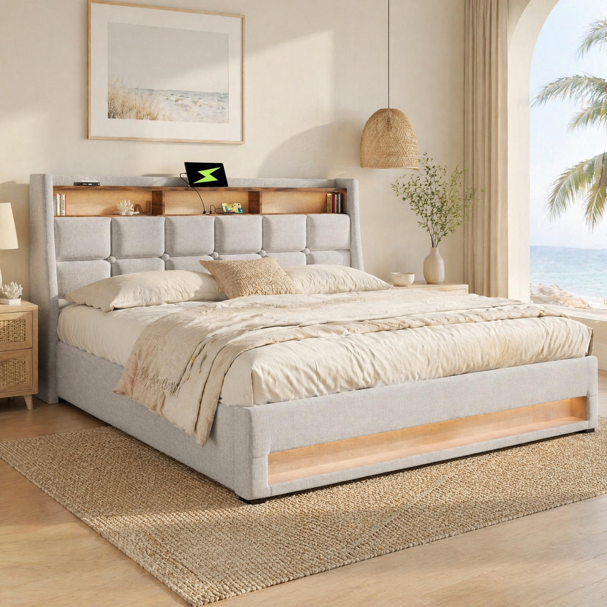 POLSTERBETT 160/200 mit Bettkasten, LED und USB in Grau - Beige, Holzwerkstoff/Textil (160/200cm) - EVRYAE