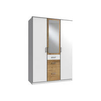 KLEIDERSCHRANK Click in Weiß mit Plankeneiche - Drehtürenschrank 135 cm Breite mit Spiegel - Weiß, Holzwerkstoff (135/199/58cm)