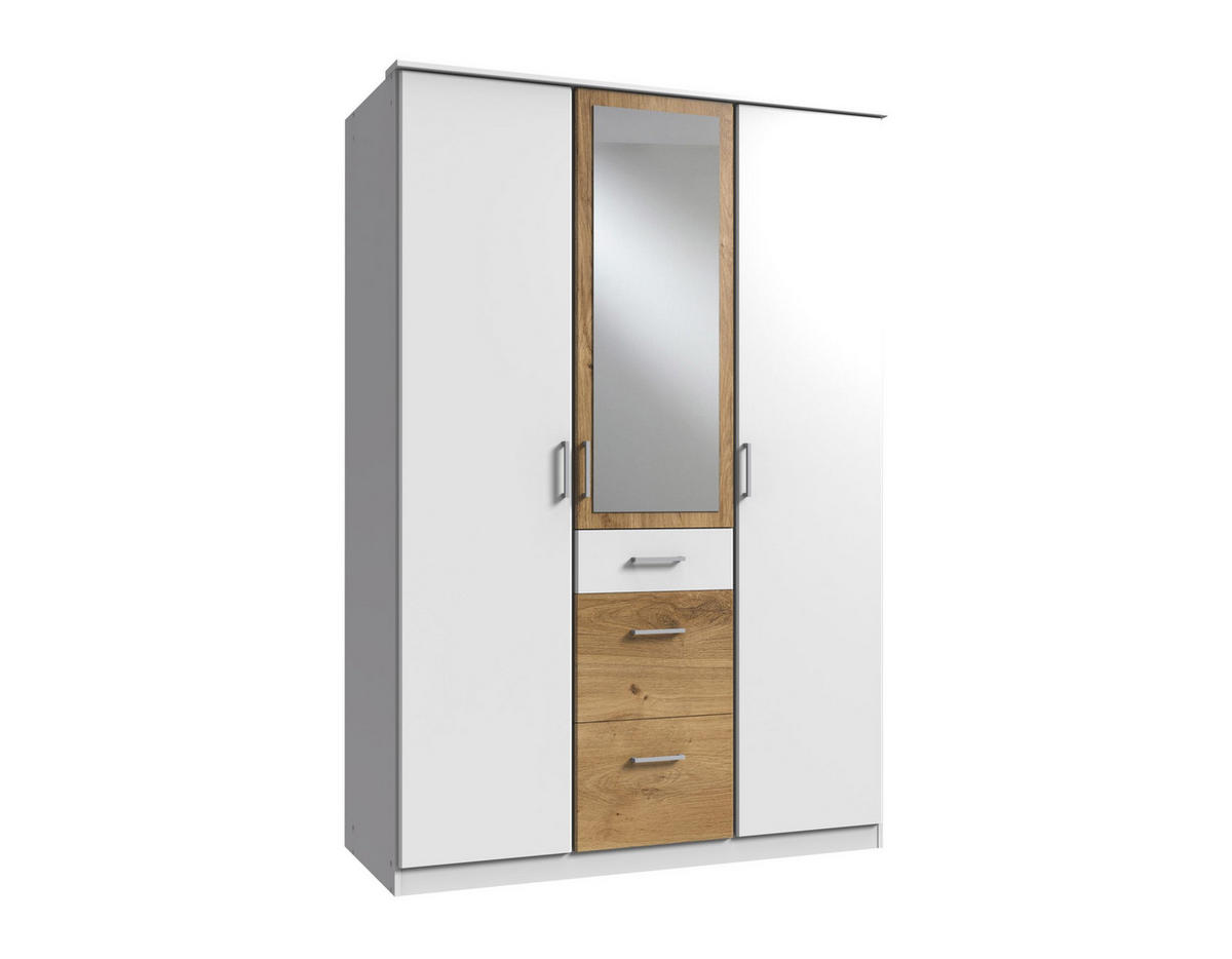 KLEIDERSCHRANK Click in Weiß mit Plankeneiche - Drehtürenschrank 135 cm Breite mit Spiegel - Weiß, Holzwerkstoff (135/199/58cm)