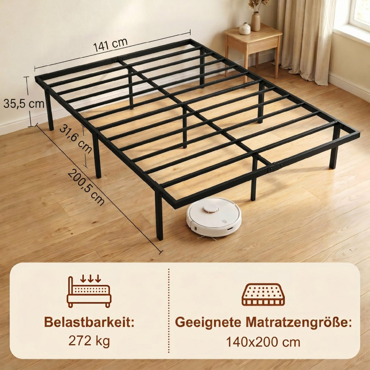 BETTGESTELL 140/200 cm DE-32877 9-Fuß-Struktur Schwarz - Schwarz, Metall (140/200cm) - ComfortXL
