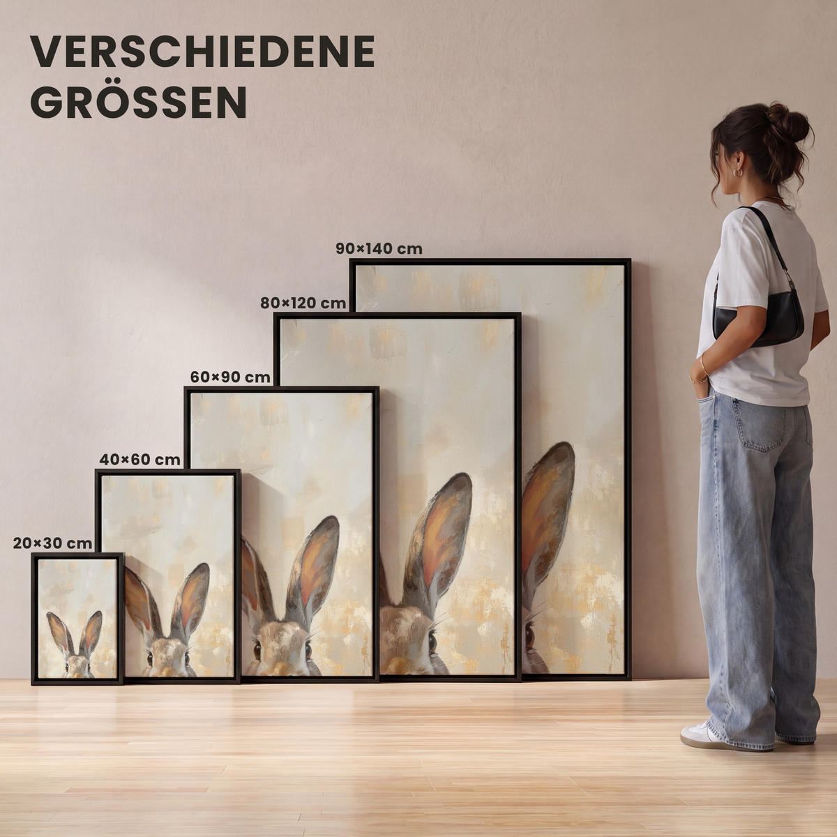 LEINWAND Bilder mit Rahmen - Hase - Ohren - Braun - 80x120 - Beige, Textil (80/120cm) - MuchoWow