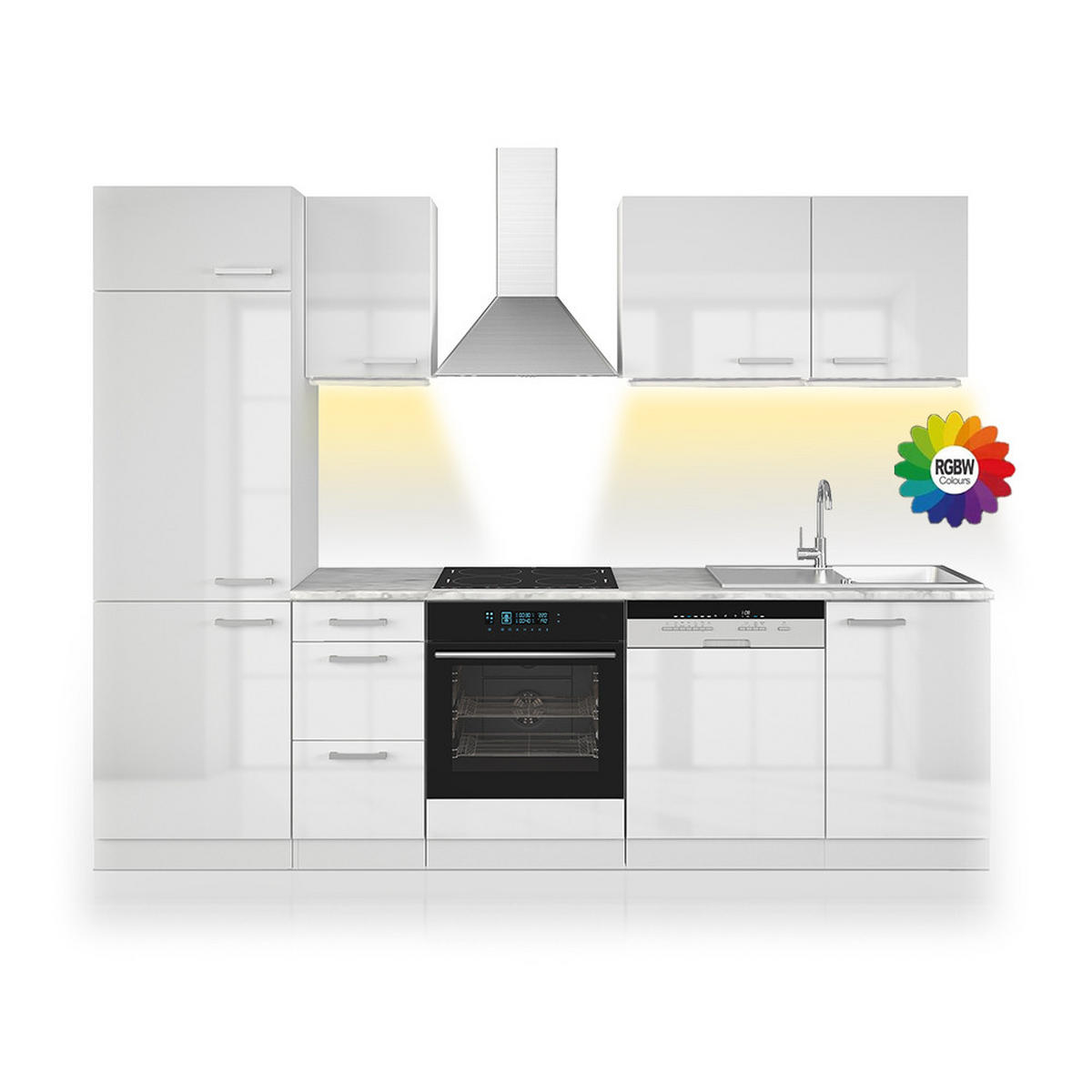 KÜCHENZEILE Optima Weiß 270 cm ohne AP mit LED-Leisten - Weiß Hochglanz/Weiß, Holzwerkstoff (270/81.6/46cm) - Vicco
